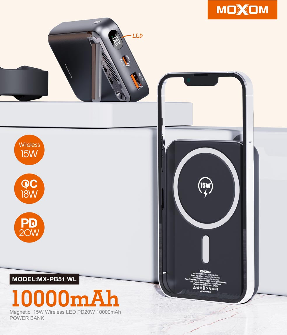 Moxom Wireless Power Bank - أسود