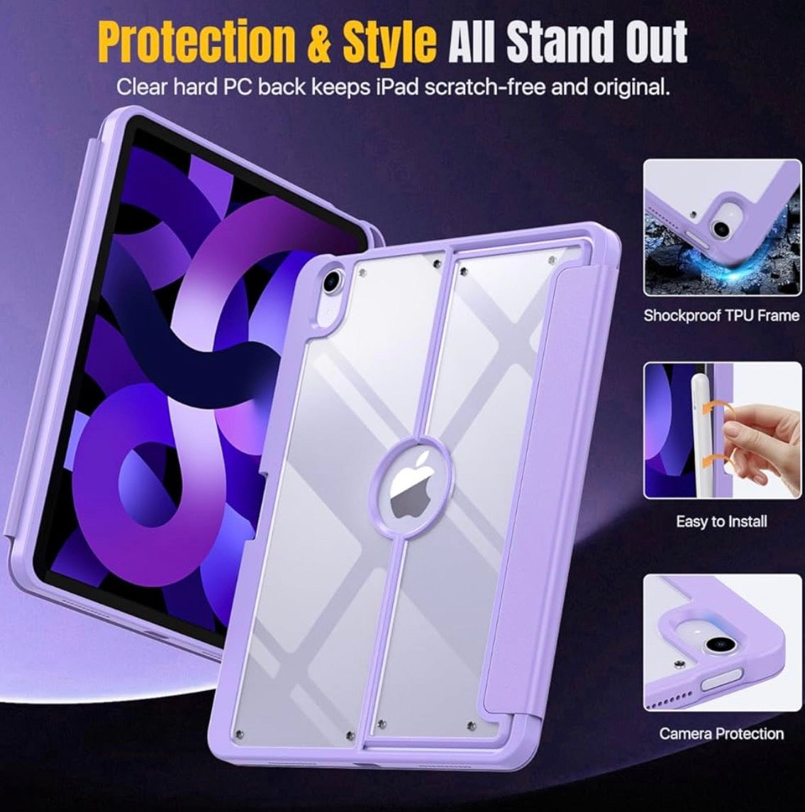 Moko Original - Clear Back Purple Case for iPad Air 4/5/6/7 - كفر شفاف مع وضعيات مختلفة وظهر شفاف