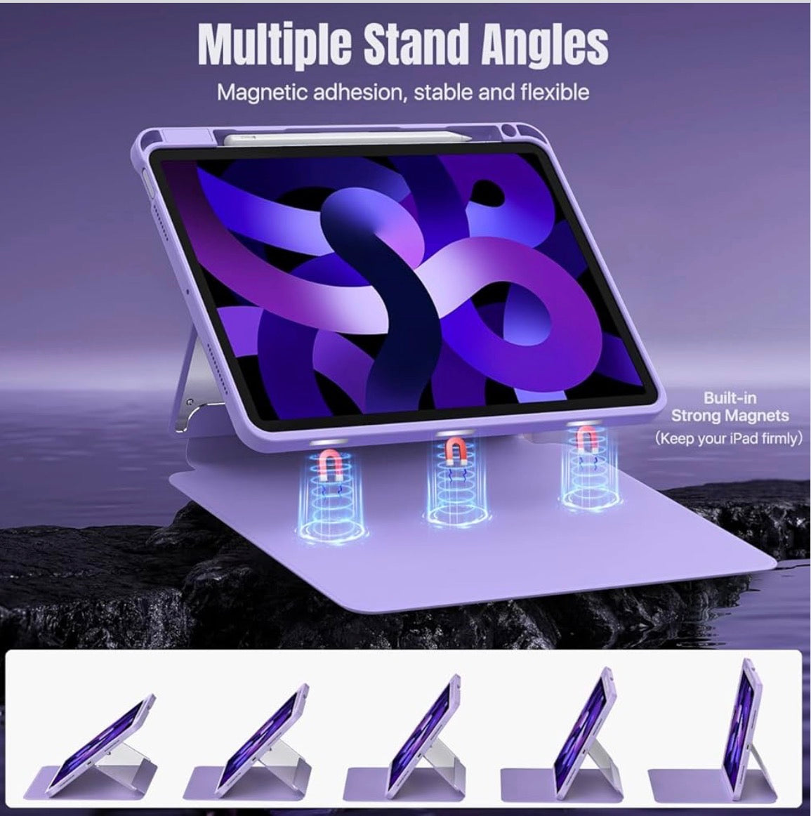 Moko Original - Clear Back Purple Case for iPad Air 4/5/6/7 - كفر شفاف مع وضعيات مختلفة وظهر شفاف