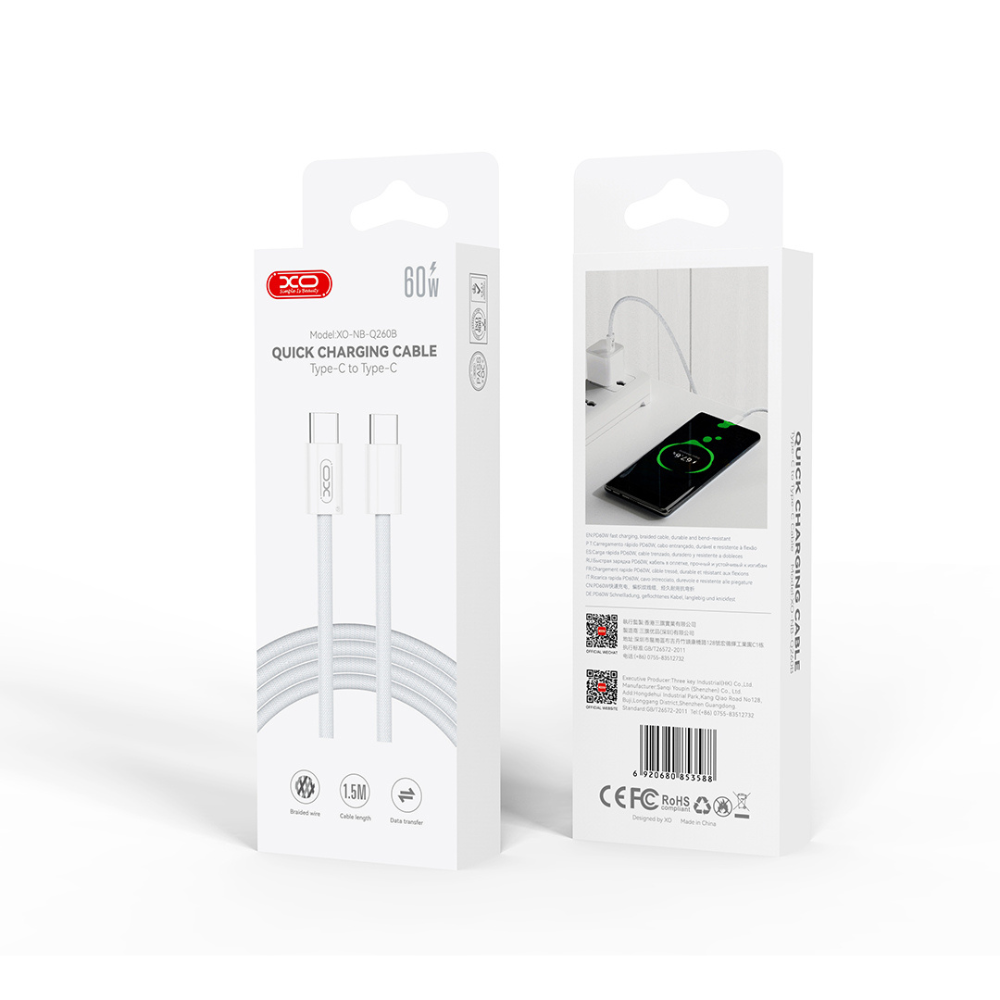 XO USB-C 60W 1.5M Braided Cable - كيبل تايب سي مخيط 60 واط